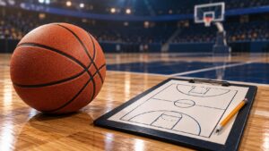 Basketball and a coach's clipboard on a hardwood court, an editorial illustration