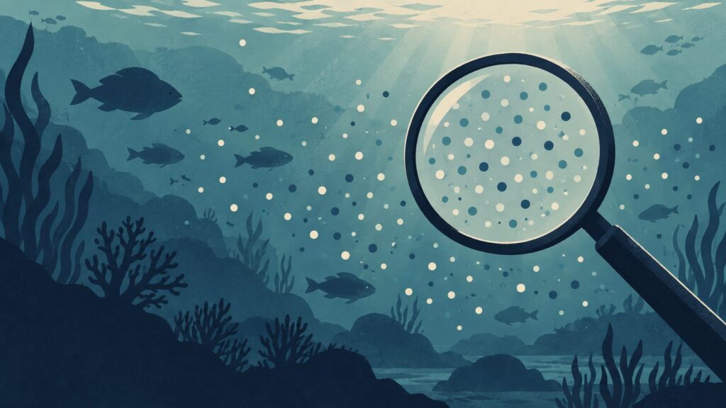 Fish silhouettes and a magnifying glass over scattered dots illustrating randomness