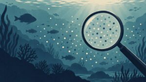 Fish silhouettes and a magnifying glass over scattered dots illustrating randomness